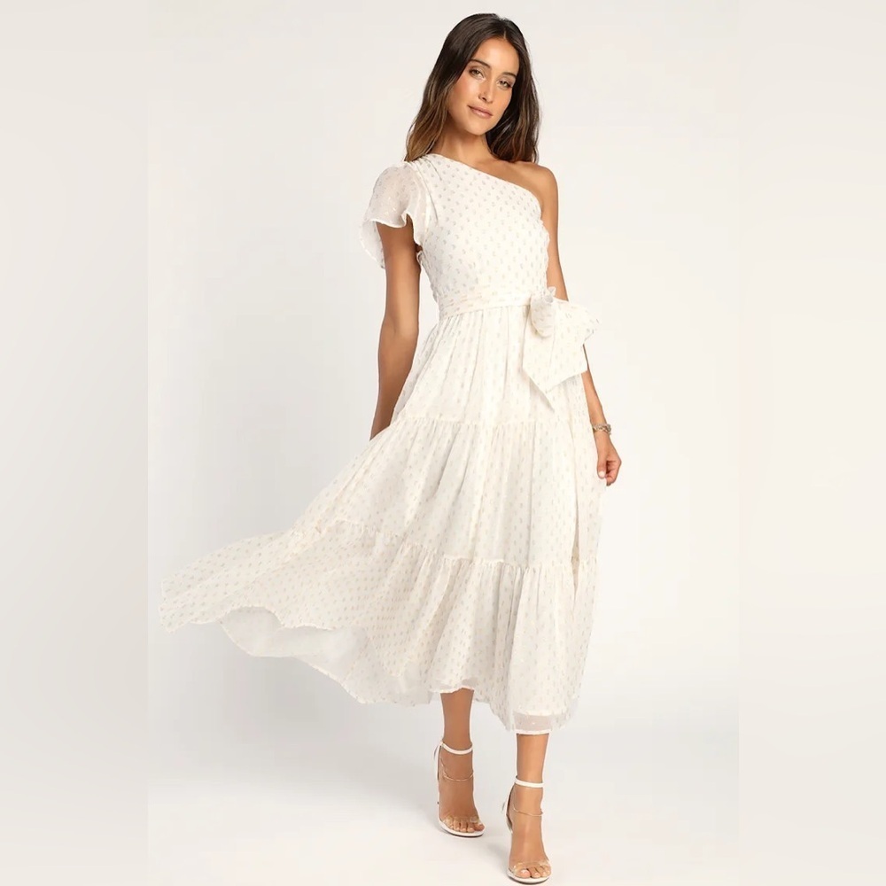 Lulus Shining Sight White Metallic Gold Dotted One-Shoulder Midi Dress
